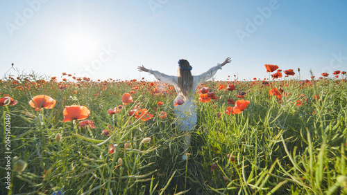 Smiling woman stretching arms wide  wandering through vibrant red poppy meadow  basking in warm sunlight