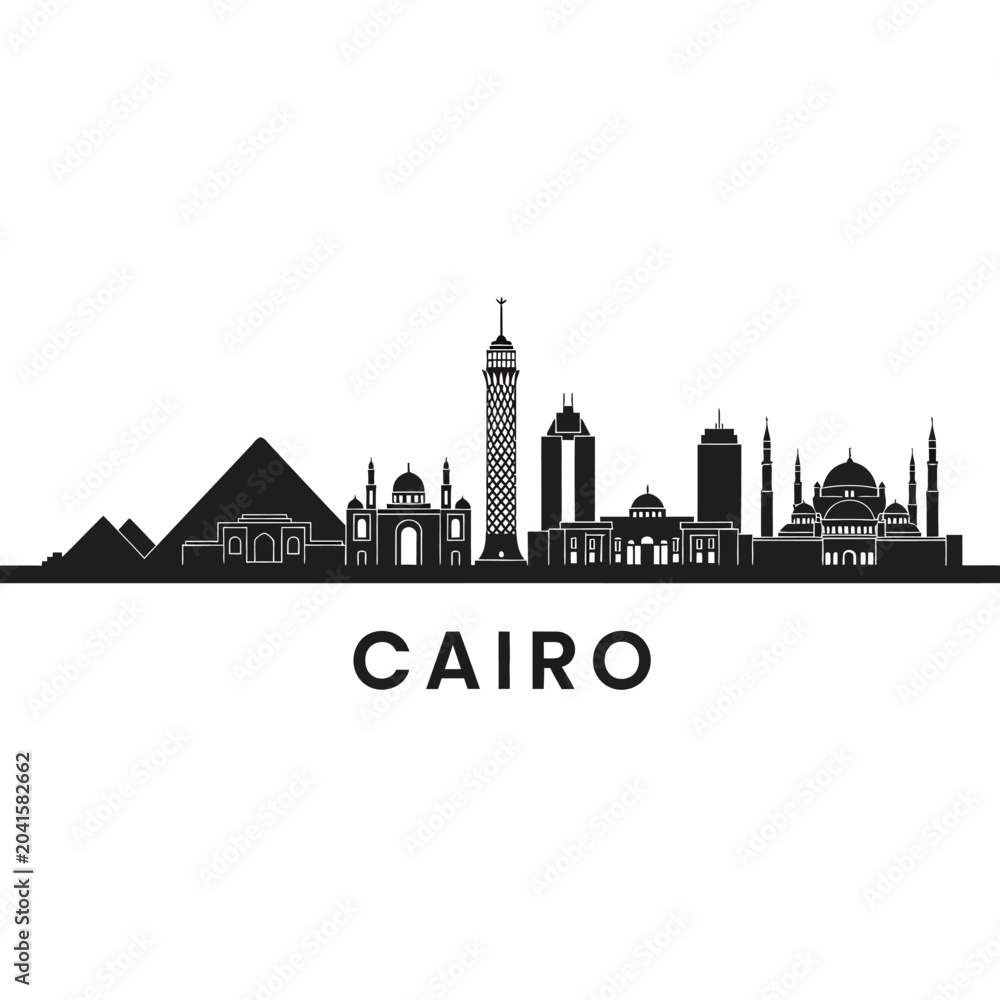 Obraz premium Cairo, Egypt City Skyline Silhouette, Monochrome, Isolated, Architecture