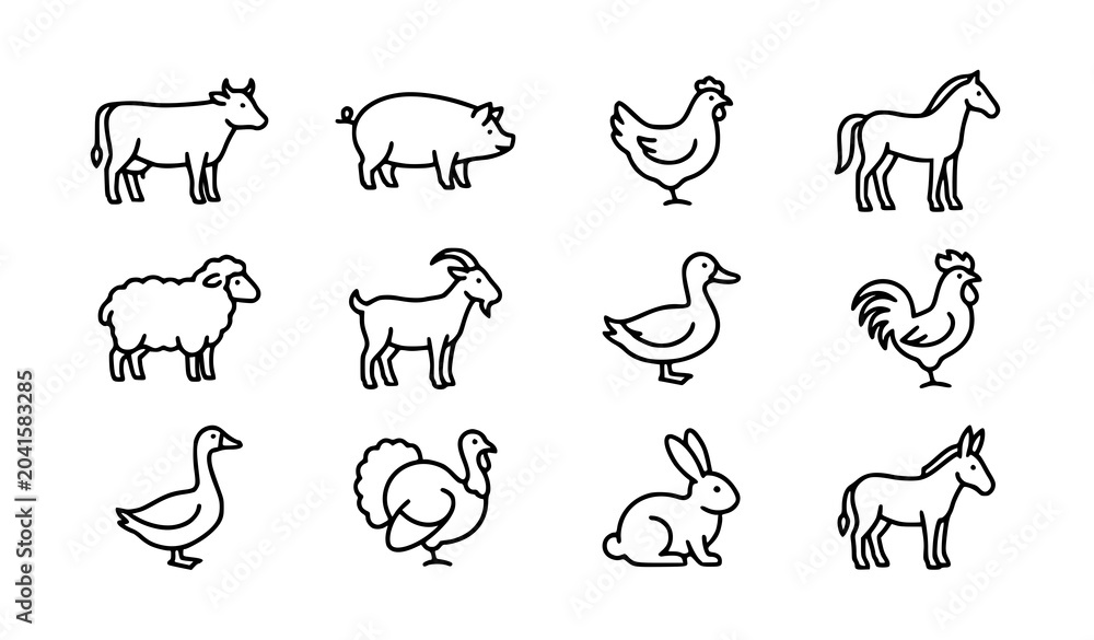 Fototapeta premium Farm Animals Monoline Icon Set with Cow Pig Chicken Horse and Sheep Vector