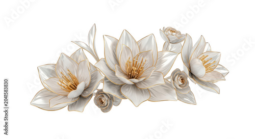 Elegant white and gold floral garland illustration with stylized lotus and rose elements