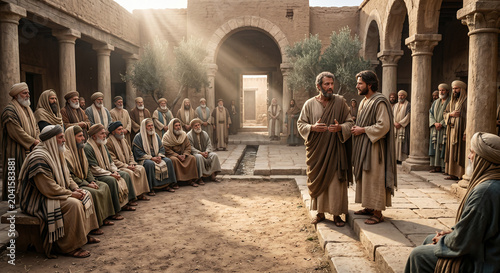 Biblical scene with apostle Peter and John speaking to religious leaders and priests. Apostles answering before elders about their faith. Historical reenactment of the Acts of Apostles