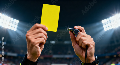 Referee showing a yellow card and blowing a whistle during a soccer match at night with stadium lights
