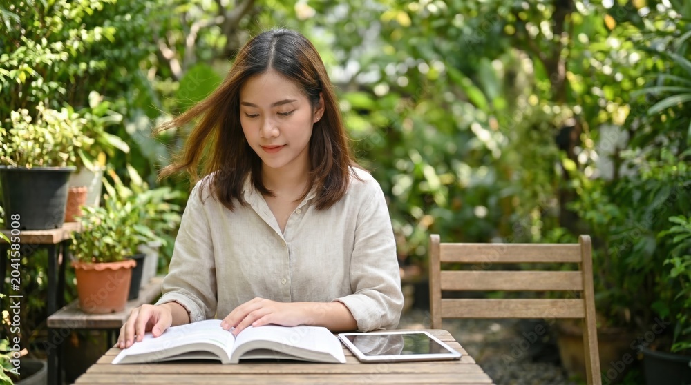 Fototapeta premium Reading book portrait of a peaceful Asian woman studying with a digital tablet on a wooden table inside a green garden. copy space