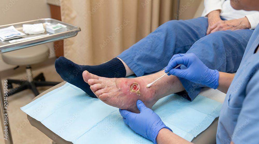 Obraz premium Medical Foot Examination Procedure in Clinic with Patient Relaxing on Chair