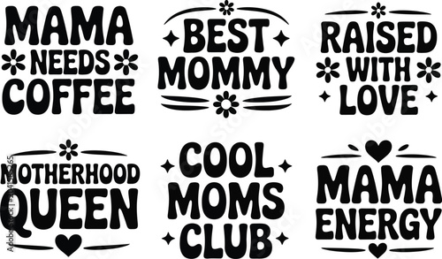 Foto Retro groovy mama svg bundle with motherhood queen and mama needs coffee typography including best mommy and raised with love quotes featuring vintage bubble font style