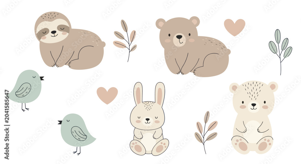 Obraz premium Cute Cartoon Animals and Plants for Baby Nursery Decor.