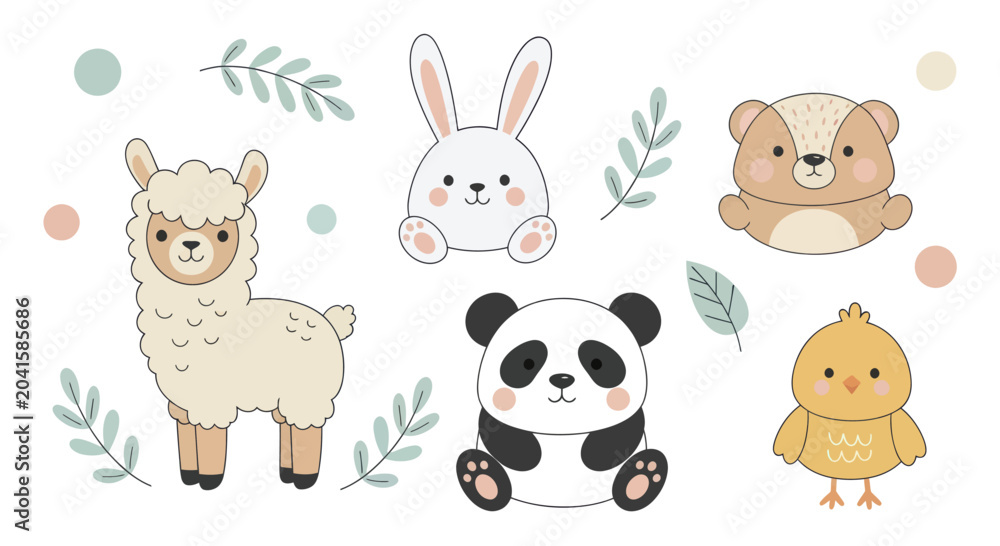Naklejka premium Cute cartoon animals collection llama panda bear bunny chick.