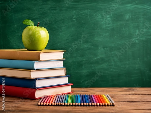 A stack of colorful books with a green apple on top and colored pencils on a wooden desk in front of a green chalkboard background