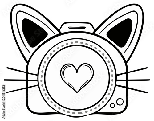 Stylized Cat Camera Illustration with Heart Symbol in the Lens for Graphic Design Projects, Sticker, or Coloring Page