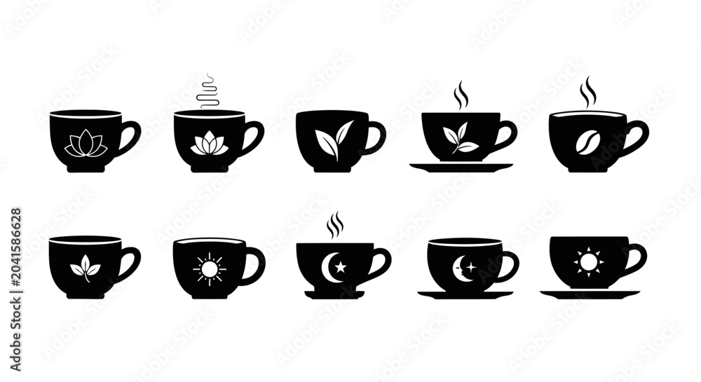 Obraz premium Set of black coffee cup icons with natural and celestial symbols lotus leaf sun moon star coffee bean silhouettes creative cafe branding isolated on white background