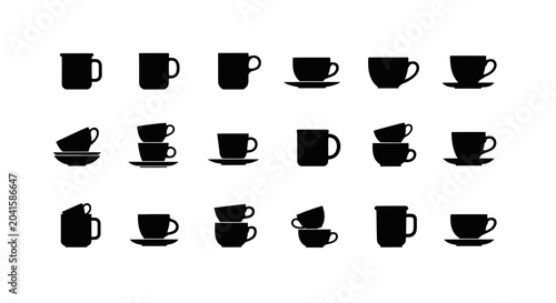 A simple collection of black coffee cup icons in various styles single stacked and on saucers on a white background