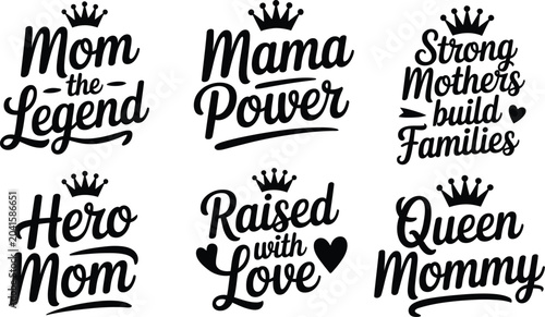 Foto Set of isolated typography designs for moms featuring elegant lettering and crown icons perfect for t-shirt prints greeting cards posters and personalized mother day gifts