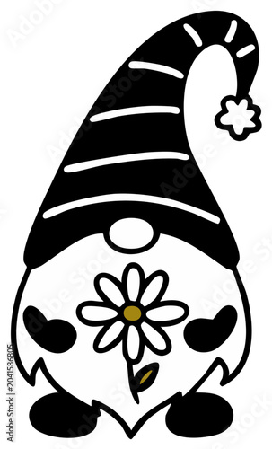 Cute black and white gnome with daisy and stripes on hat
