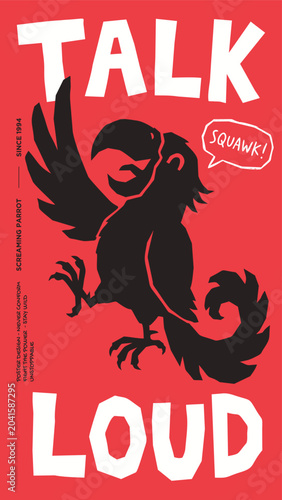 Bild auf Leinwand Talk Loud Screaming Parrot Poster Graphic Silhouette on Red Background with Squa
