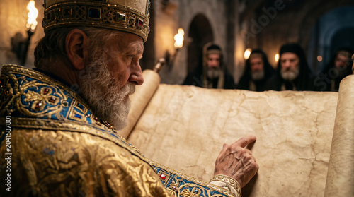 High priest and pharisees gathered around wooden table examining ancient parchment scroll in stone room. Biblical scene depicting council of religious leaders in Jerusalem historical setting