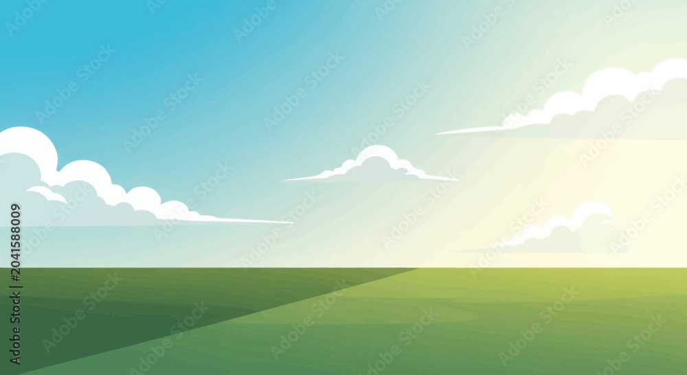 Fototapeta premium Vibrant Green Field Under Bright Blue Sky with Fluffy Clouds
