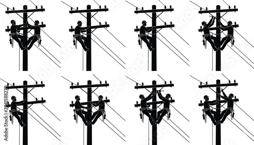 Foto Electrical Utility Line Workers Repairing Power Pole Infrastructure Silhouette S