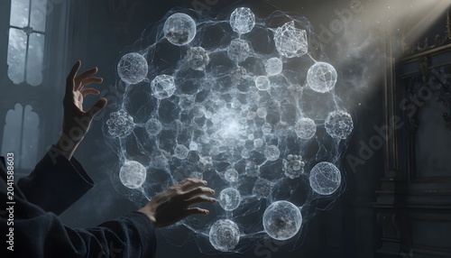 Tableau sur toile Person interacting with a futuristic network of glowing orbs and connections in