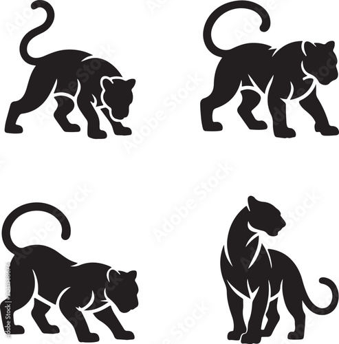 Set of four black panther silhouettes in various walking and standing poses, isolated on a white background, for projects