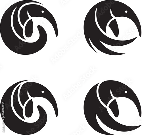 Set of four circular black silhouette of elephants in stylized poses, isolated on a white background, for and projects