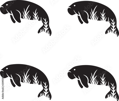 Set of four manatee silhouettes with grass texture, isolated on a white background, black and white animal for nature projects