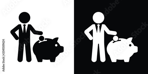 Photos Businessman putting coin into piggy bank vector icon