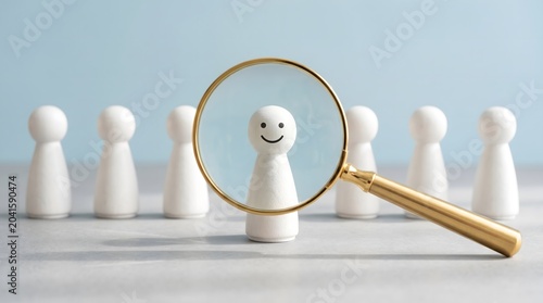 Foto A single happy person stands out from the crowd under a magnifying glass