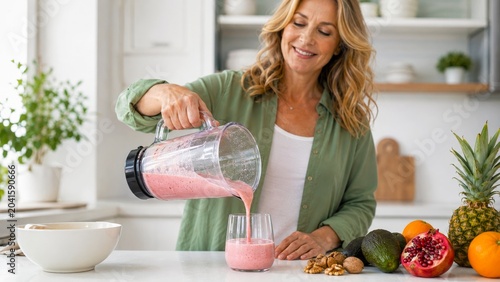 A woman pours a smoothie from a blender into glasses, surrounded by fresh fruits and a bowl, in a bright kitchen setting.