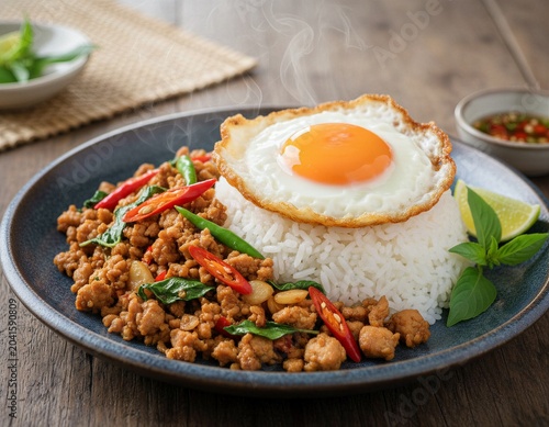 Spicy Thai basil chicken served over jasmine rice with fried egg on rustic plate.