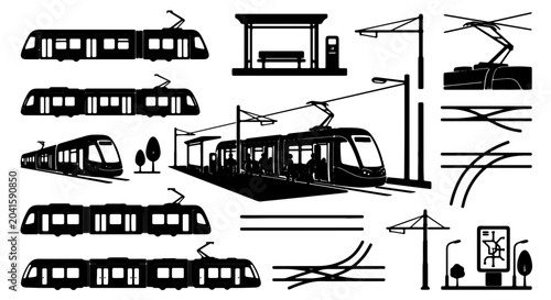 Tableau sur toile Modern Tram and Light Rail Transport Icons, Urban Public Transit Collection, Cit
