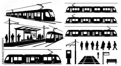 Foto Modern Tram Set, Urban Transit Vector Icons, Public Transportation Silhouettes,