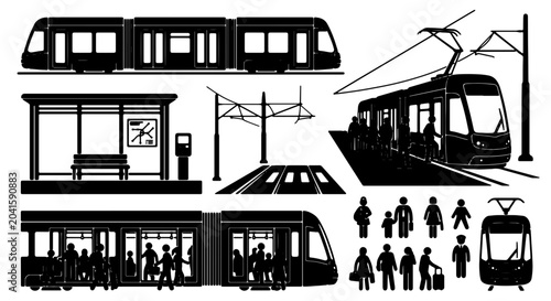 Tableau sur toile Modern Tram and Transit Set: Urban Transportation Icons, City Public Transport S