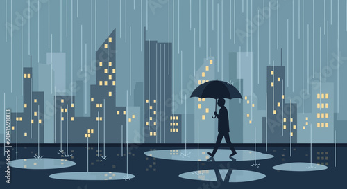 Fotografía Silhouette of man with umbrella walking in rainy city at night, reflecting in pu