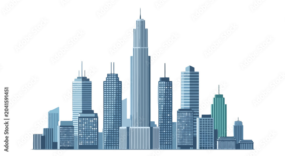 Fototapeta premium Blue city skyline with skyscrapers isolated on transparent background, Vector