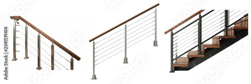 фотографія A Set of Three modern stair railings with wood handrails and metal cable baluste