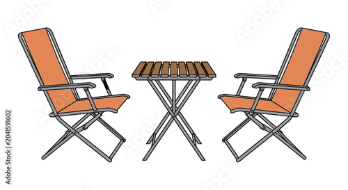 Tableau sur toile outdoor furniture set line art chairs table orange metal wood