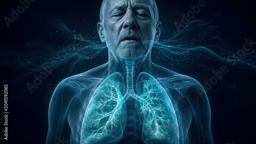 Elderly man with glowing blue lungs and breath visualization. Senior male patient with respiratory system anatomy overlay. Advanced medical concept of breathing