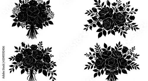Tableau sur toile Black Rose Bouquets Vector Set, Romantic Floral Arrangements, Elegant Silhouette