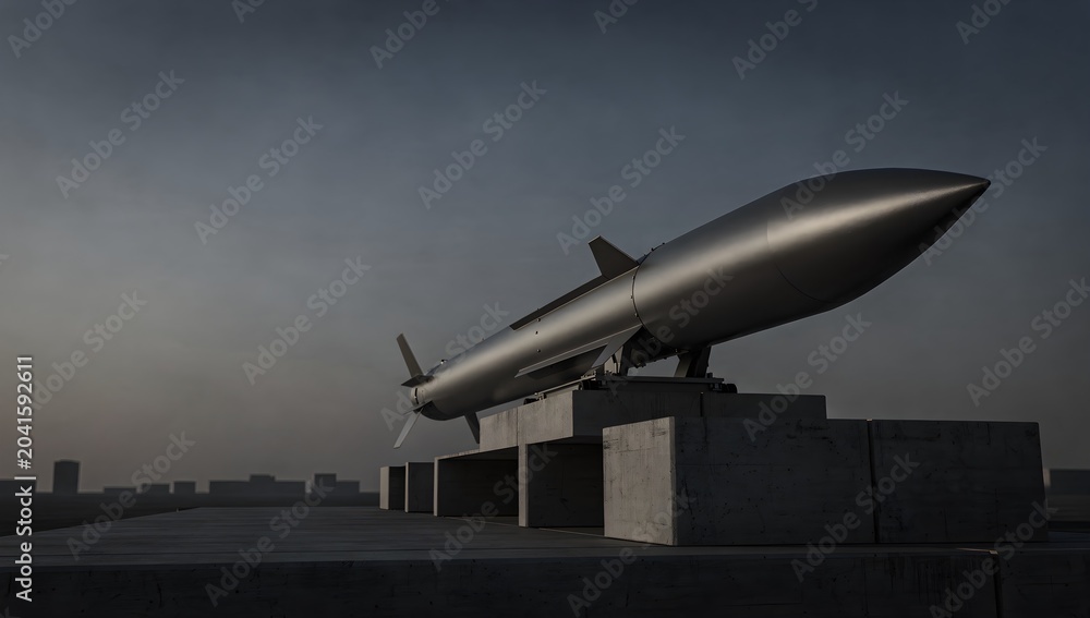 Naklejka premium Modern ballistic missile sits on a concrete platform overlooking a misty city at twilight.