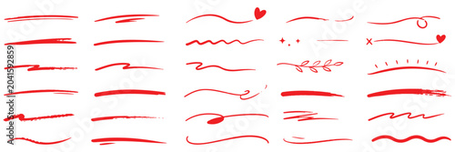 Colorful marker and brush stroke set, hand drawn underline and squiggle lines, artistic doodle elements for creative graphic design

