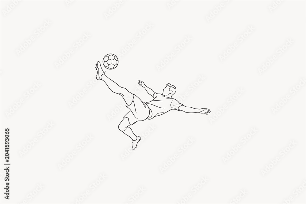 Fototapeta premium Continuous line art illustration of a soccer player doing a bicycle kick. Minimalist football player execution of an overhead kick isolated on solid white background. Vector illustration.