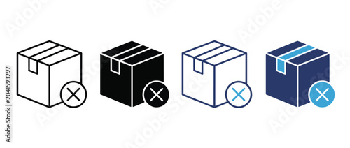 Cancelled Delivery and Shipping Restriction Icon Set. Package box with cross symbol representing failed shipment, order cancellation, and logistics issue concept. Vector  new