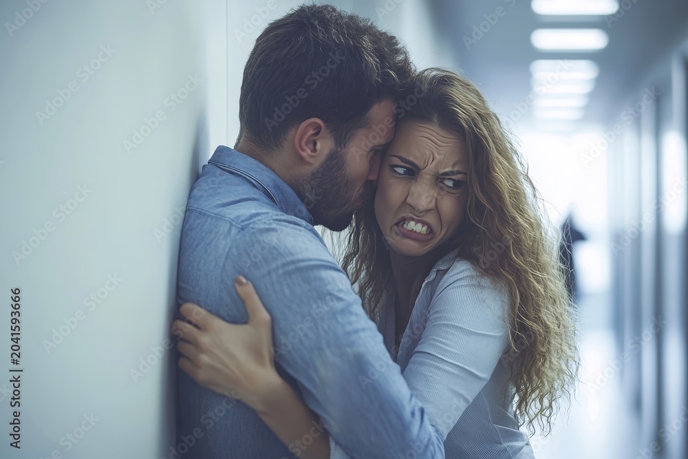 Obraz premium Closeup of an aggressive man pushing a scared woman against a wall in an office hallway representing workplace abuse