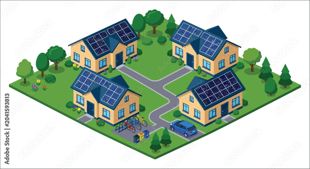 Fototapeta premium houses with solar panels vector illustration residential energy eco green