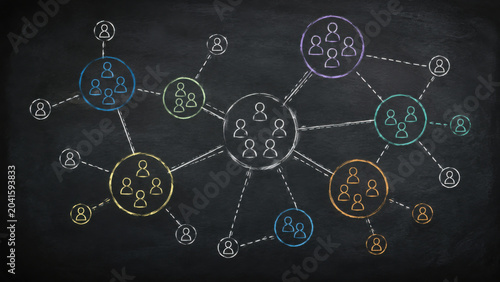 Conceptual network connection blackboard. community cluster for knowledge sharing within an organizational learning ecosystem symbolizes collaborative growth