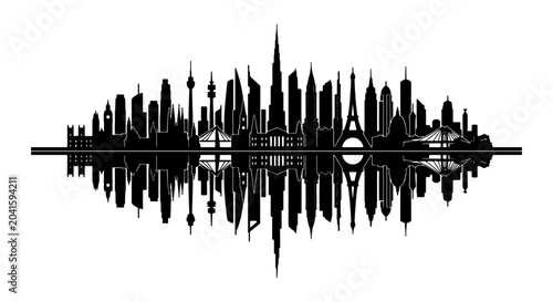 Foto Global Cityscape Soundwave Silhouette, International Landmarks, Urban Skyline Re