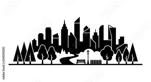 Quadro su tela Modern Cityscape Silhouette, Urban Park Landscape, Business District Skyline, Bl