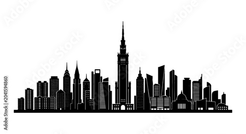 Billede på lærred Modern Cityscape Silhouette, Urban Skyline Vector Art, Downtown Architecture Col