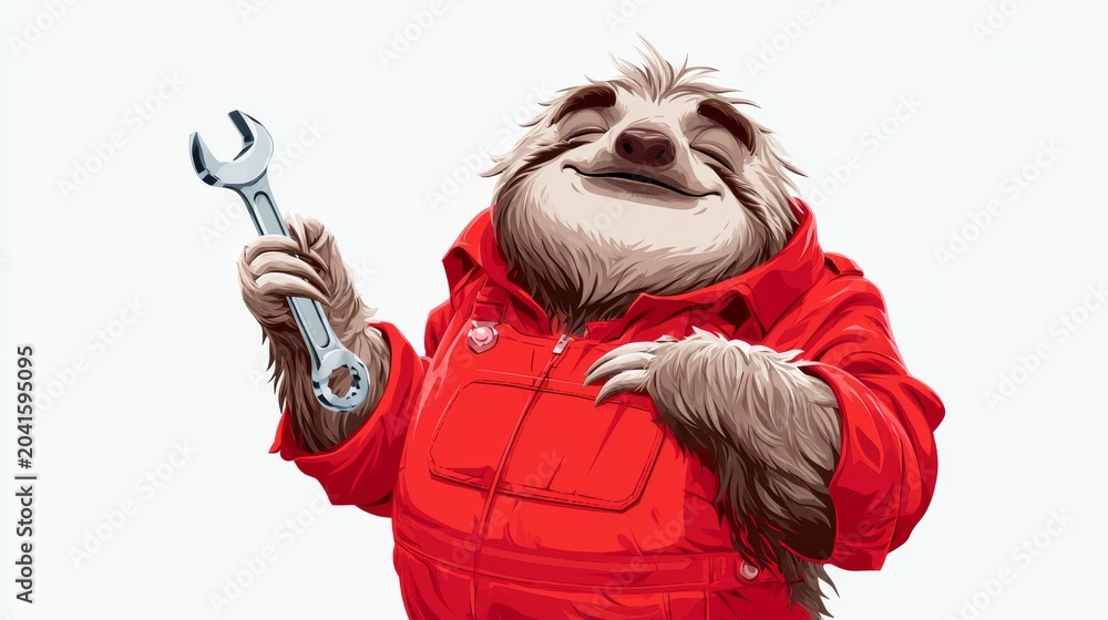 Fototapeta premium Sleepy Sloth Mechanic in Red Jumpsuit Holding Lug Wrench