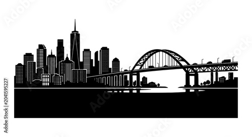 Принти на полотні Modern Cityscape Silhouette, Urban Skyline with Arch Bridge, Downtown Architectu